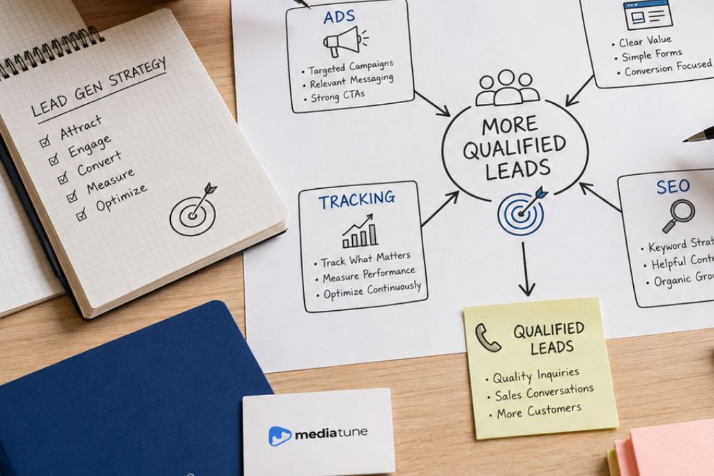 Lead generation strategy map showing ads, tracking, and SEO leading to more qualified leads