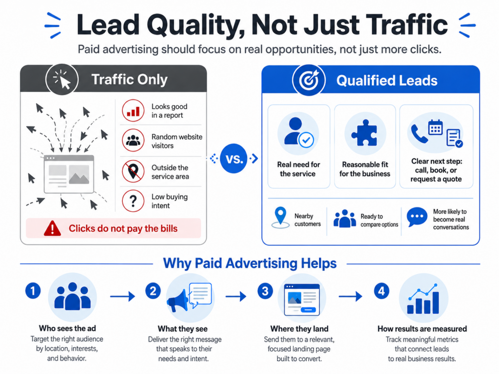 Infographic showing why paid advertising should focus on qualified leads instead of traffic-only clicks
