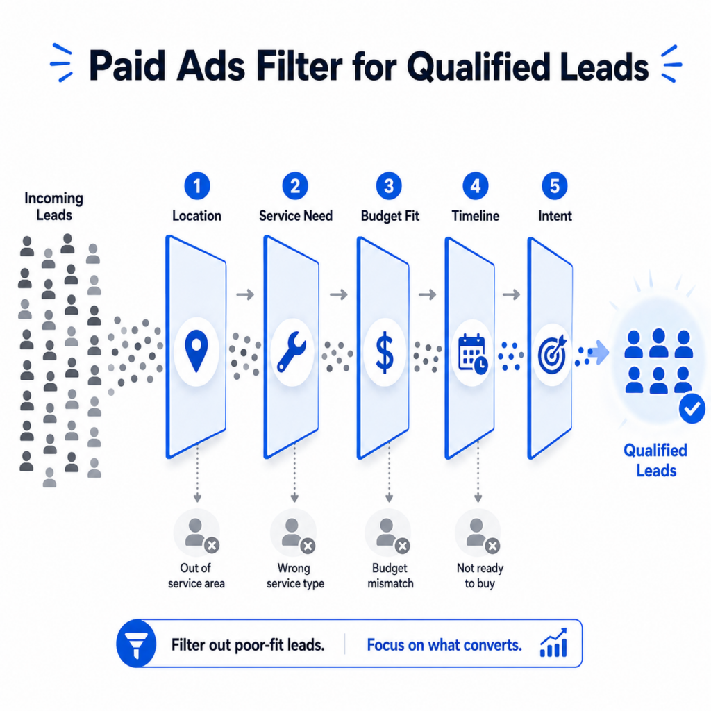 Infographic showing how paid ads filter leads by location, service need, budget, timeline, and intent