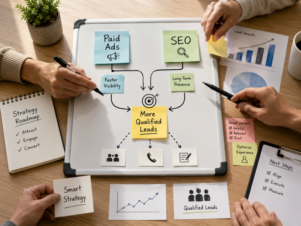 Team planning how paid ads and SEO work together to generate more qualified leads