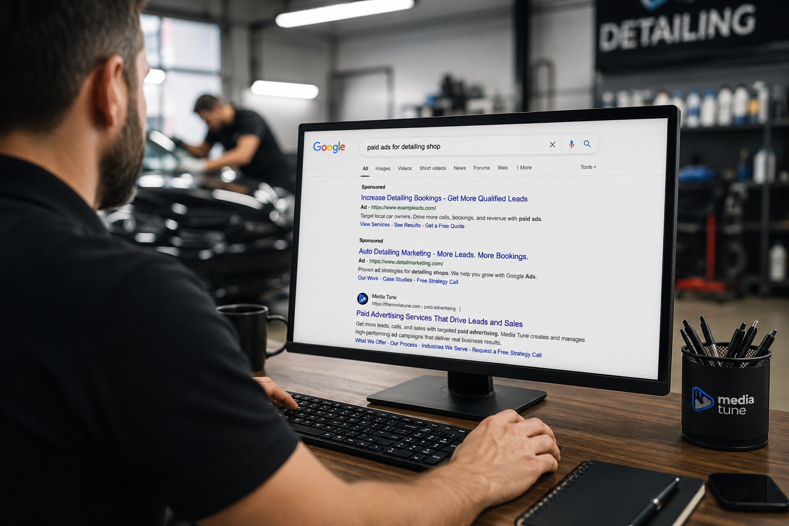 Detailing shop owner reviewing paid advertising search results for qualified lead generation