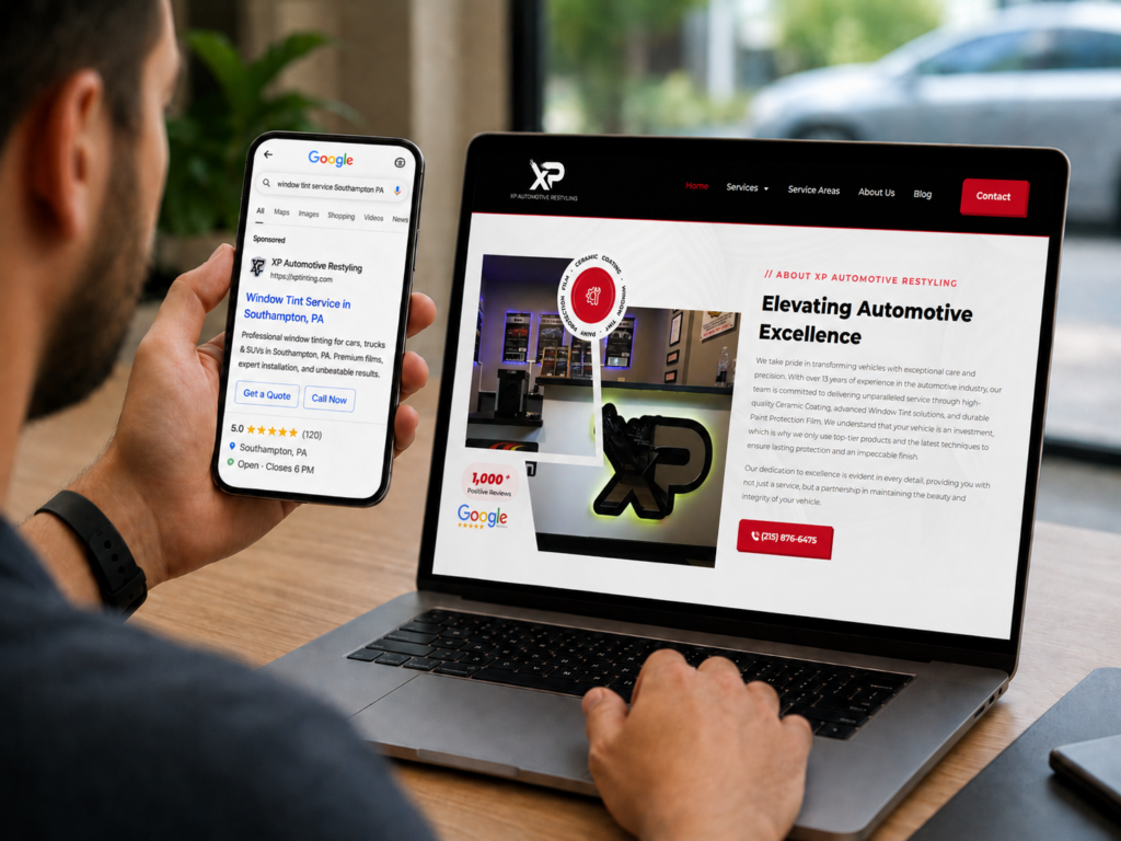 Person reviewing a window tint paid ad and matching service landing page for XP Automotive Restyling