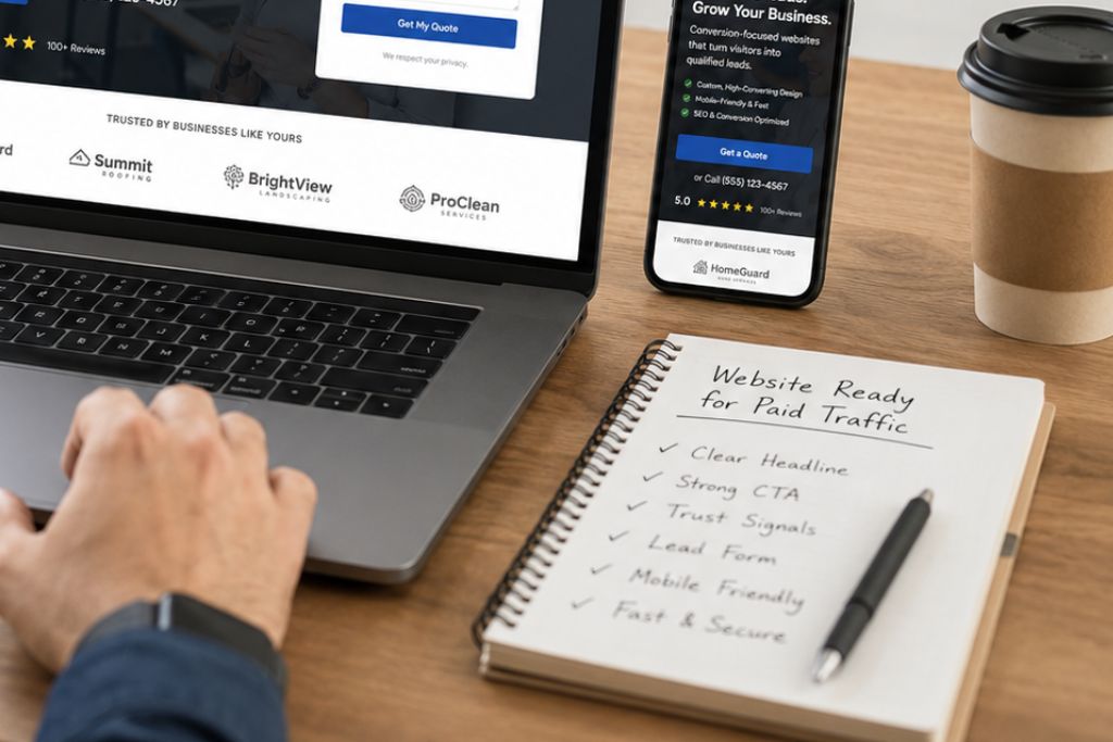 Laptop and phone showing a paid traffic landing page with a website readiness checklist