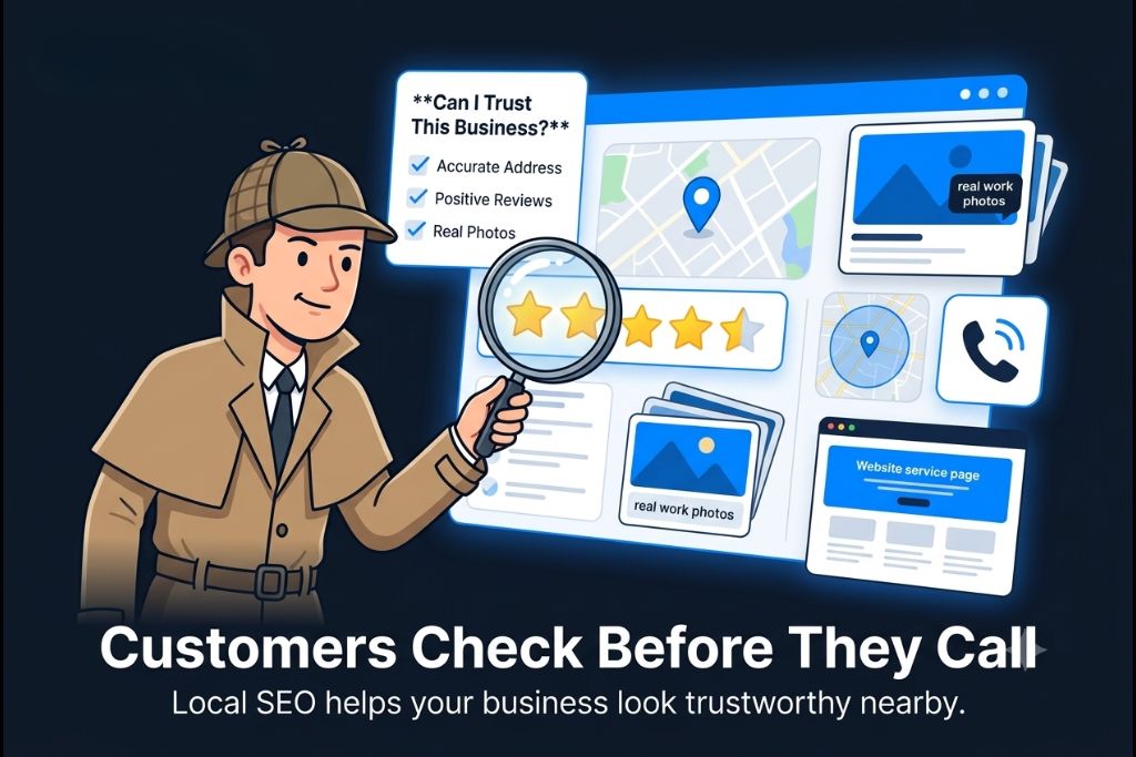 Illustration showing customers checking local SEO trust signals before calling a business