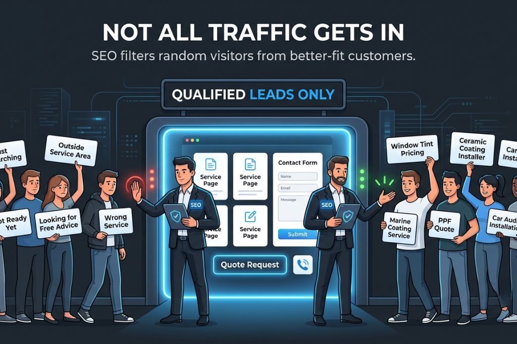 Illustration showing SEO filtering random website traffic from better-fit qualified leads