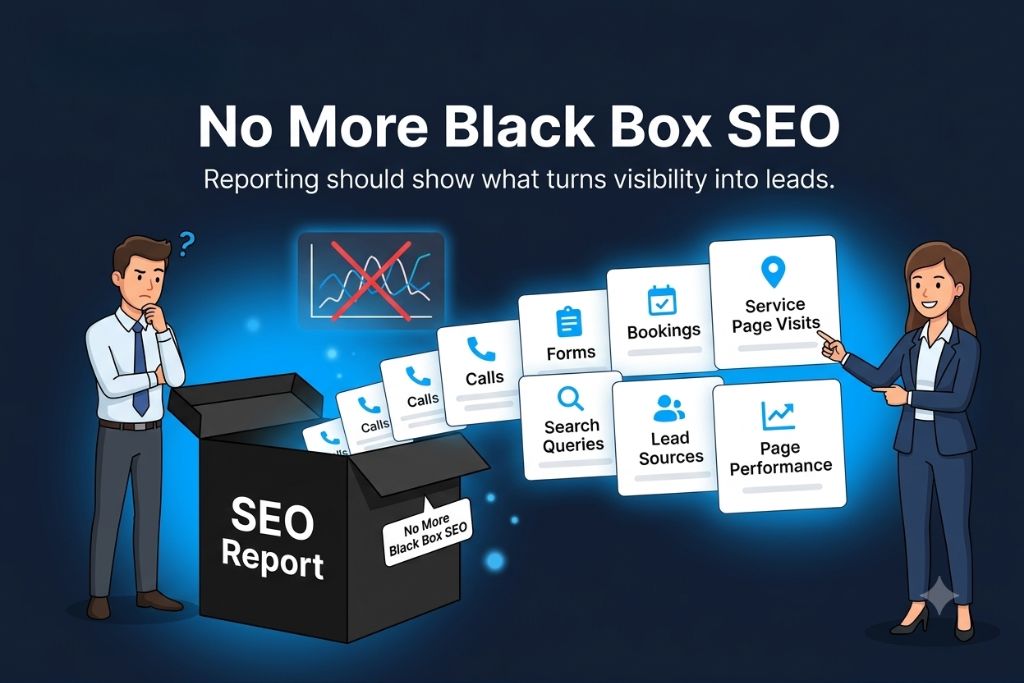 Illustration showing SEO reporting focused on calls, forms, bookings, and lead generation metrics instead of confusing reports