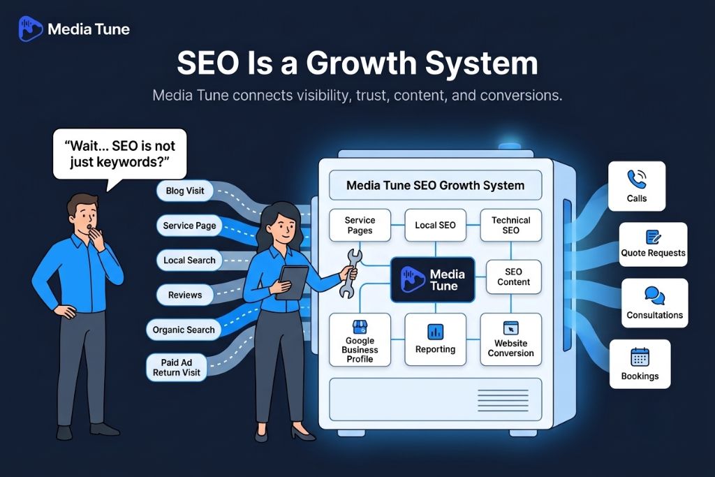Illustration showing an SEO growth system connecting service pages, local SEO, content, reporting, and website conversions