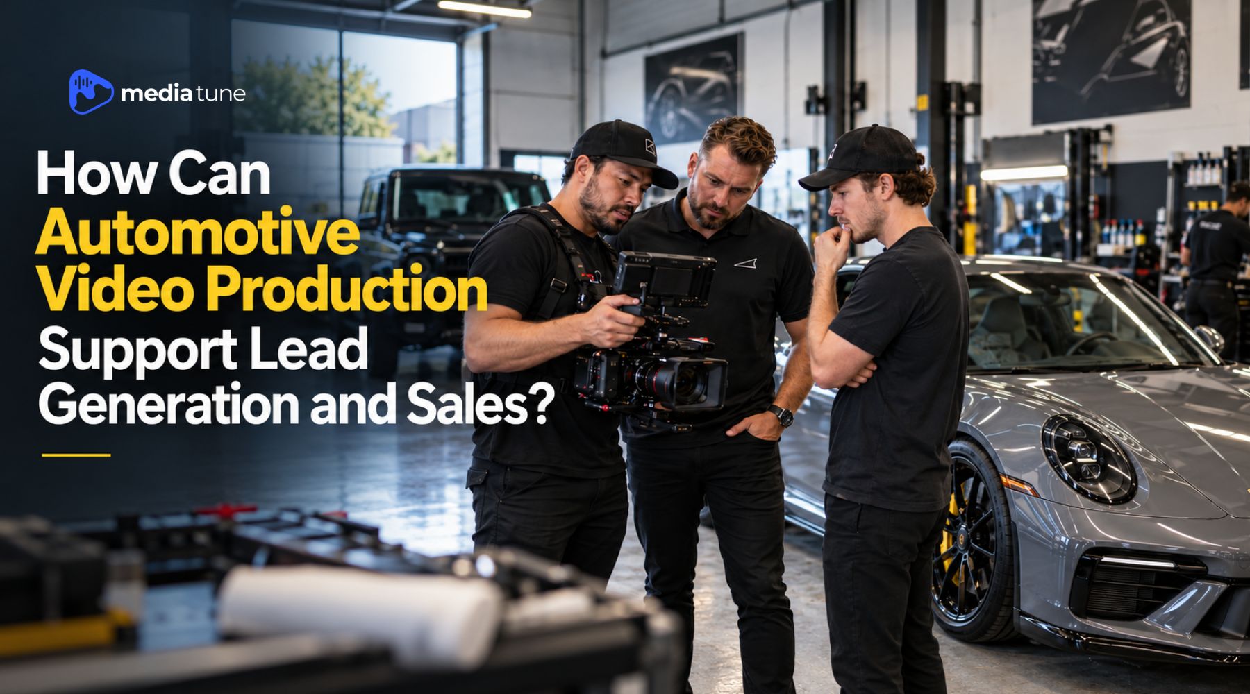 Automotive video production team reviewing camera footage beside a sports car for lead generation and sales content