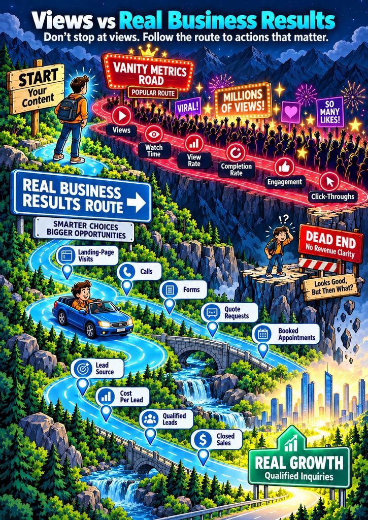 Illustrated roadmap comparing video vanity metrics like views and engagement with real business results such as calls, forms, qualified leads, and closed sales